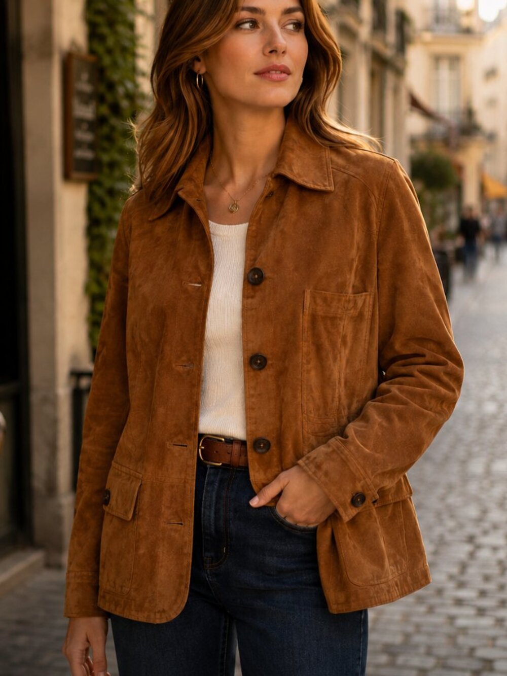 Talbots 100% Suede Leather Utility Shacket Jacket Cognac Brown L